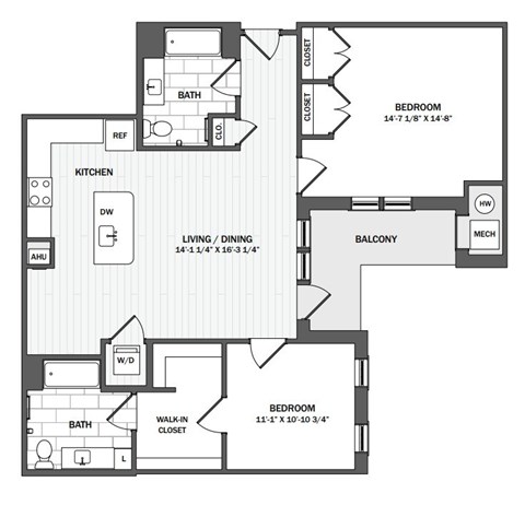 Floor plan for 2 beds, 2 baths, 1213 sqft